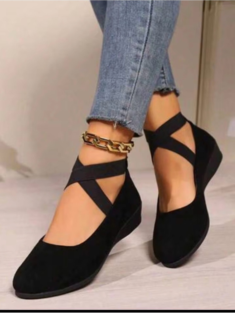 Women’s Black Crisscross Ballet Wedge Flats